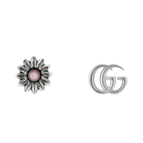 GUCCI/古馳 經典925純銀復古花朵鑲嵌粉色珍珠母貝雙G不對稱耳釘527344J84408164