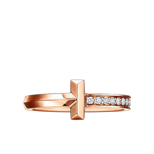 Tiffany & Co./蒂芙尼 T1系列 18K金玫瑰金鑲嵌鉆石2.5mm寬戒指指環GRP11292