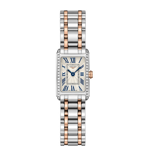 LONGINES/浪琴  黛綽維納系列精鋼和玫瑰金表冠石英機(jī)芯女士鑲鉆方形腕表17.70X27.00毫米 L5.258.5.79.7