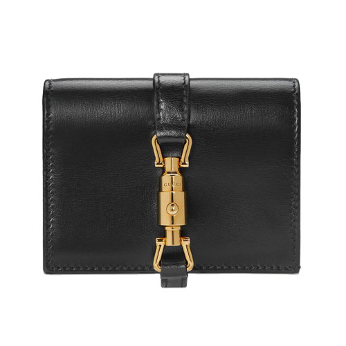 GUCCI/古馳  Jackie 1961 女士黑色皮革飾有金色扣卡夾錢包 64553614J0G1000