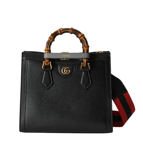 GUCCI/古馳 22春夏新款Diana系列 女士小號黑色皮革灰色飾帶金扣雙竹節提手單肩手提托特包702721U3ZDT1260