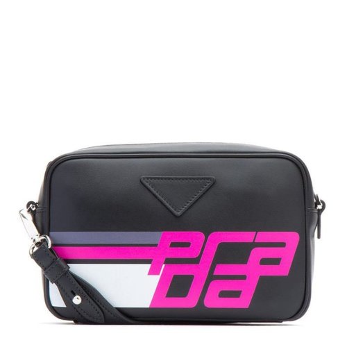 PRADA/普拉達  女士黑色霓虹涂鴉印花LOGO牛皮單肩斜挎包