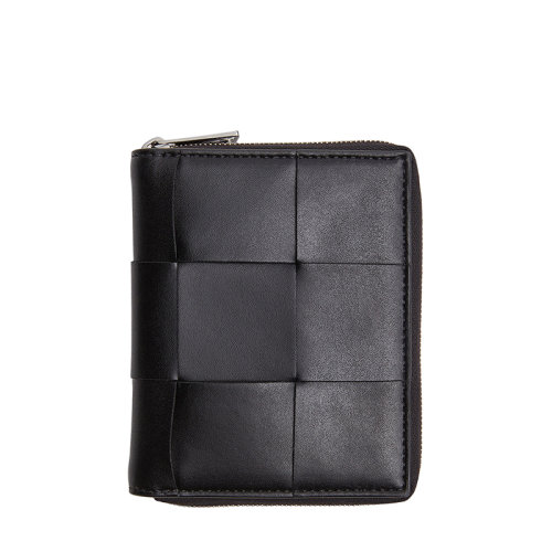 Bottega Veneta/葆蝶家 經典款 男士黑色Intreccio編織牛皮革拉鏈錢包649596VBWD28803