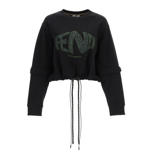 Fendi/芬迪 女士黑色棉質經典字母徽標印花裝飾平紋針織圓領長袖上衣衛衣運動衫套頭衫 FS7461-AG7C-F0GME