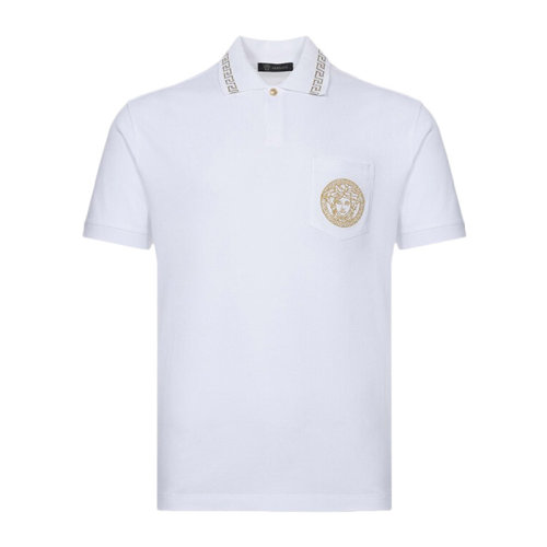 VERSACE/范思哲 男士白色棉質(zhì)經(jīng)典美杜莎頭像印花希臘回紋裝飾翻領短袖上衣T恤Polo衫 A79251-A223004-A93A