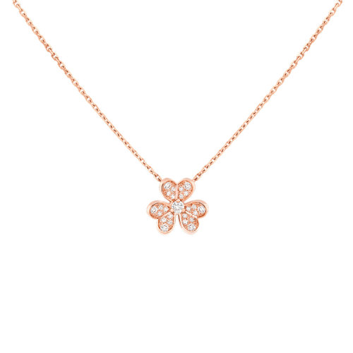 Van Cleef & Arpels/梵克雅寶 Frivole系列 迷你款18K金玫瑰金鑲嵌25顆鉆石三葉草形狀吊墜項鏈VCARP7RI00