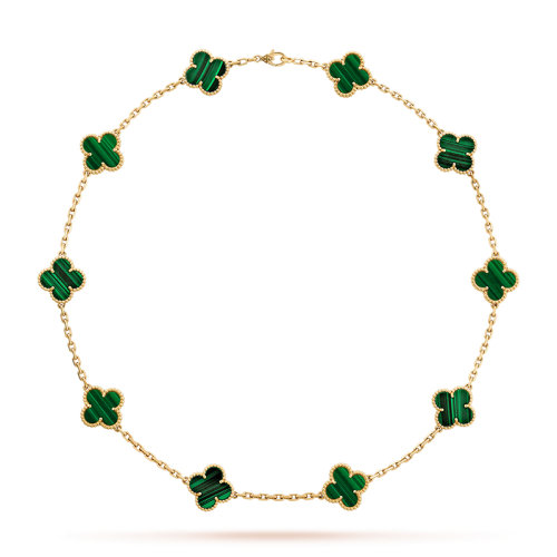 Van Cleef & Arpels/梵克雅寶 經(jīng)典款Vintage Alhambra系列 18K金黃金鑲嵌綠色孔雀石10花四葉草項(xiàng)鏈VCARO3QJ00