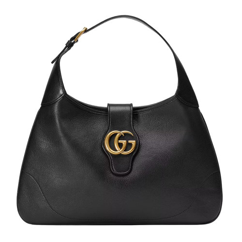 Gucci 古馳 22新款 女士中號黑色皮革金色飾面搭扣磁扣開合雙G標志調節肩帶單肩手提包726274AAA9F1000