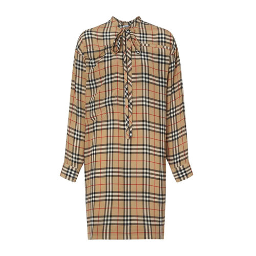 BURBERRY/博柏利女裝 服裝 絲綢經(jīng)典款格紋蝴蝶結(jié)長(zhǎng)袖襯衫 女士裙裝女士連衣裙 8014299經(jīng)典格紋
