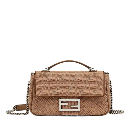 FENDI/芬迪 BAGUETTE系列 女士米色FF圖案布料復古銀色金屬飾面單肩斜挎鏈條法棍包8BR793AHW5F1F2J