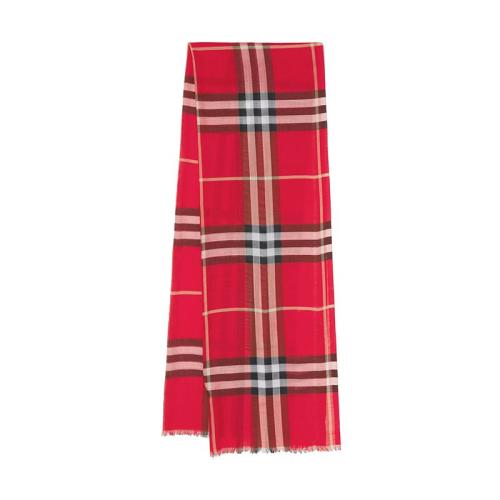 BURBERRY/博柏利 22年早春新款 男女同款亮紅色/黑色羊毛桑蠶絲混紡輕盈格紋細穗流蘇圍巾80493451