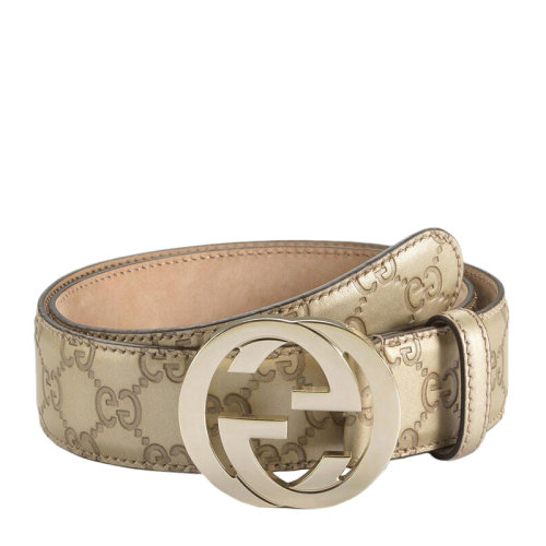 GUCCI/古馳 女士時尚珠光金色雙G壓花金色板扣腰帶皮帶 114876-AHB1G-9504
