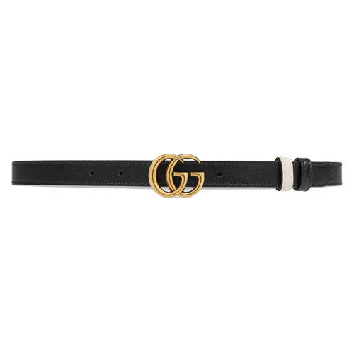 GUCCI/古馳 女士黑色/白色皮革復古金色雙G扣腰帶2厘米 6594180YATC1089