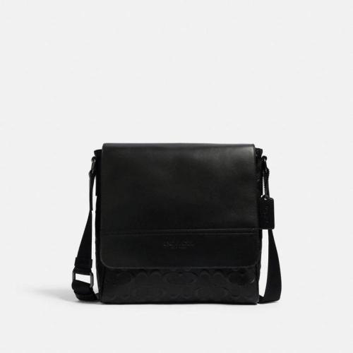COACH 蔻馳 男士中號浮雕黑色印花翻蓋單肩斜挎包商務休閑 4006  QB/BK