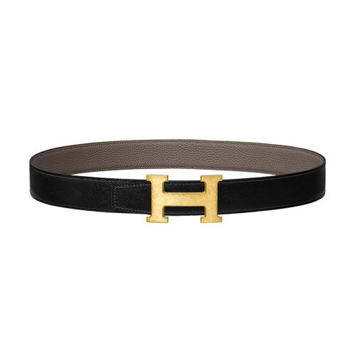 HERMES/愛馬仕新款 H系列 男士黑色/錫器灰荔枝紋皮革錘紋金扣雙面腰帶32毫米H064549CC06/H073967CAAC075