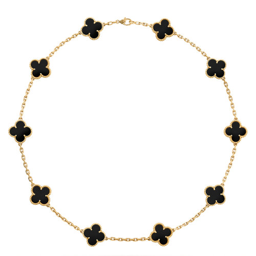 Van Cleef & Arpels/梵克雅寶 經典Vintage Alhambra系列 18k金黃金鑲黑瑪瑙10四葉草項鏈VCARA42700