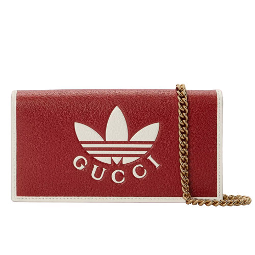 GUCCI/古馳 2022年新款 阿迪達斯聯(lián)名款 女士紅色/米白色皮革三葉草印花滾邊按扣開合鏈帶錢包單肩斜挎包621892UZ3BG6484