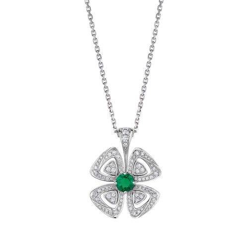 BVLGARI/寶格麗 FIOREVER系列 18K金白金鑲嵌祖母綠與密鑲鉆石四葉草吊墜項鏈358427