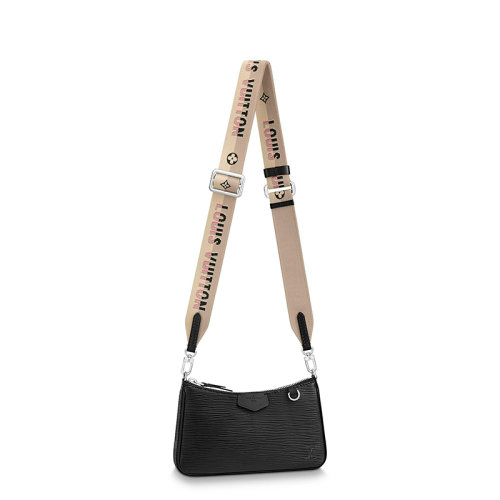 Louis Vuitton/路易威登 22春夏新款EASY POUCH系列 女士黑色壓紋牛皮革銀扣銀鏈配可拆卸彩色品牌徽標印花織帶單肩斜跨手提手拿鏈條包M81070