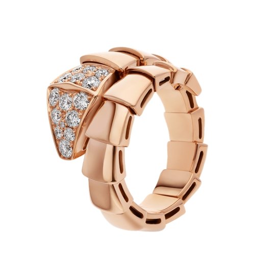 BVLGARI/寶格麗 經典款18K金玫瑰金蛇頭鑲鉆 單圈蛇形戒指  345206