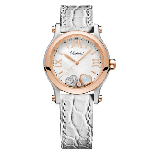  Chopard/蕭邦 HAPPY HEARTS系列 石英表鑲鉆精鋼18克拉玫瑰金表殼白鱷魚皮表帶女表30毫米278590-6005