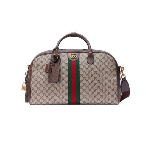 GUCCI/古馳 23春夏新款 Savoy系列 男士中號米色/烏木色帆布配皮革金色飾面織帶條紋雙G拉鏈開合調(diào)節(jié)帆布肩帶單肩旅行包7233109C2ST8746