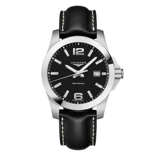 LONGINES/浪琴  康卡斯系列 石英表黑盤精鋼表殼皮質表帶男表41毫米L3.759.4.58.3