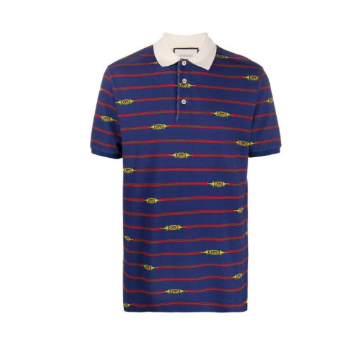 GUCCI/古馳  Gucci馬銜扣 條紋 拼色 男士 棉質 Polo衫 615739 XJCGW 4415