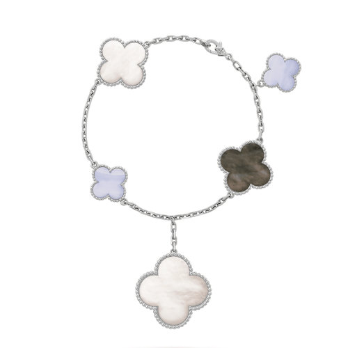 Van Cleef & Arpels/梵克雅寶 經(jīng)典Magic Alhambra 系列 18k金白金白色灰色珍珠母貝玉髓5個(gè)四葉草掛墜手鏈VCARL62400