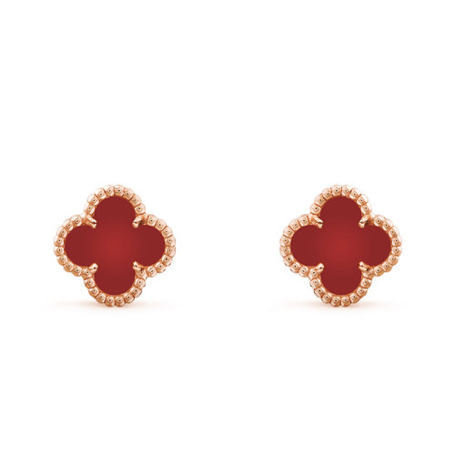 Van Cleef & Arpels/梵克雅寶 經典Sweet Alhambre 系列 18K金玫瑰金鑲嵌紅玉髓四葉草幸運耳釘VCARN6BO00