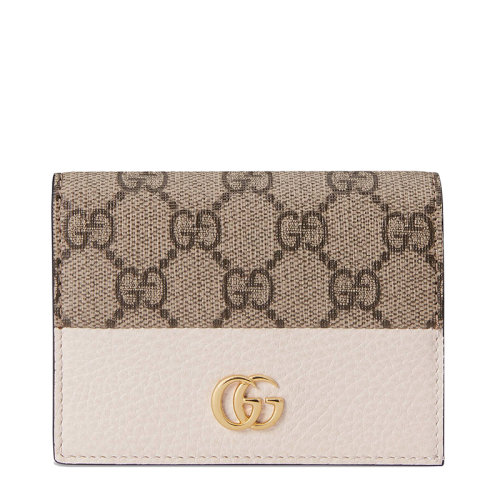 GUCCI/古馳  GG Marmont系列 女士白色皮革和米色/烏木色GG Supreme帆布雙G錢包卡片夾65861017WAG9096