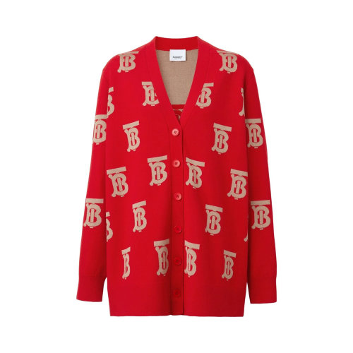 BURBERRY/博柏利 女士紅色羊毛混紡真絲TB徽標圖案V領針織衫開衫 8052722