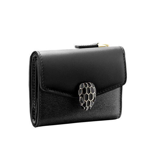 BVLGARI/寶格麗  SERPENTI FOREVER系列 女士黑色小牛皮和山羊皮黑色琺瑯經典標志性蛇頭扣錢包290317
