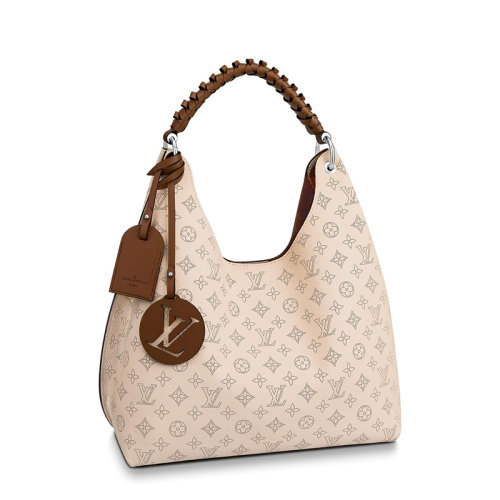 Louis Vuitton/路易威登 22春夏新款CARMEL系列 女士奶油色老花穿孔小牛皮飾可拆卸吊飾銀扣單肩手提流浪HOBO包M53188