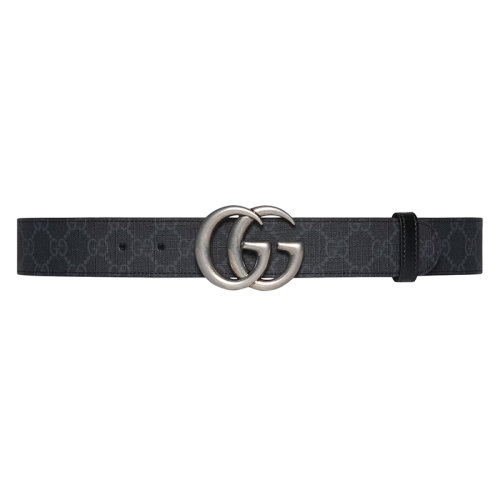 GUCCI/古馳 22年春夏新款 男士黑色老花印花帆布/光滑皮革銀色雙G帶扣雙面腰帶37毫米?62705592TIN1000