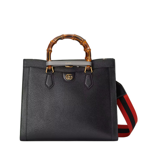 GUCCI/古馳 22春夏新款Diana系列 女士中號黑色皮革灰色飾帶金扣雙竹節提手單肩手提托特包678842U3ZDT1260