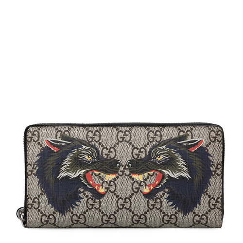 GUCCI/古馳 男士棕黑拼色PVC狼頭圖案經(jīng)典雙G印花時(shí)尚長(zhǎng)款錢夾錢包卡包手拿包男包  451273-9H6AN-8697