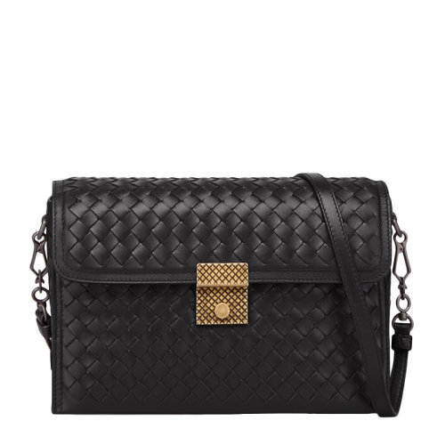 Bottega Veneta/葆蝶家 INTRECCIATO系列女士黑色羊皮經典編織款時尚翻蓋小號單肩包斜挎包郵差包女包 463700-AUQ3-1000