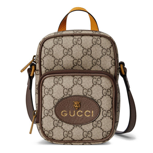 GUCCI/古馳  Neo Vintage系列 米色和烏木色GG Supreme帆布貓科圖案徽標復古迷你單肩包斜挎書包658556K9GOT8861