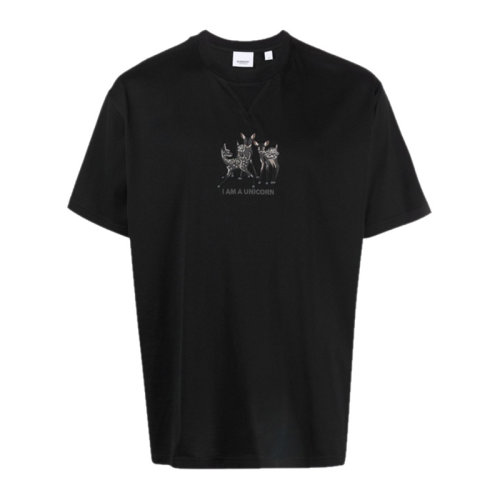 BURBERRY 博柏利 巴寶莉 男士 服裝 21早秋 黑色圓領刺繡鹿圖案棉質寬松T 恤衫 男士短袖T恤