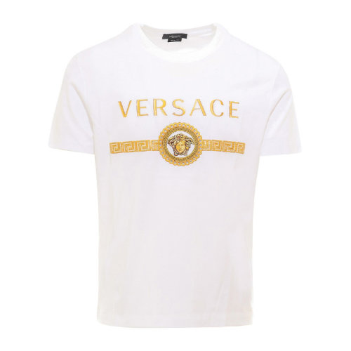VERSACE/范思哲 男士白色棉質經典字母徽標美杜莎頭像印花裝飾圓領短袖上衣T恤 A87372-A228806-A1001