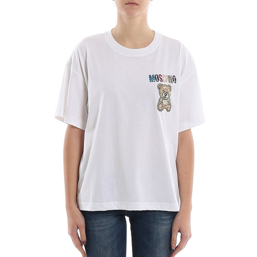 MOSCHINO/莫斯奇諾 女士白色棉質經典字母徽標小熊圖案裝飾圓領短袖上衣T恤 V0710-0540-1001