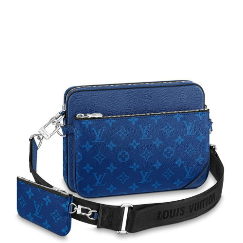 Louis Vuitton/路易威登 22春夏新款TRIO系列 男士藍色老花帆布配皮銀扣配可拆卸小袋單肩斜挎郵差包M30848