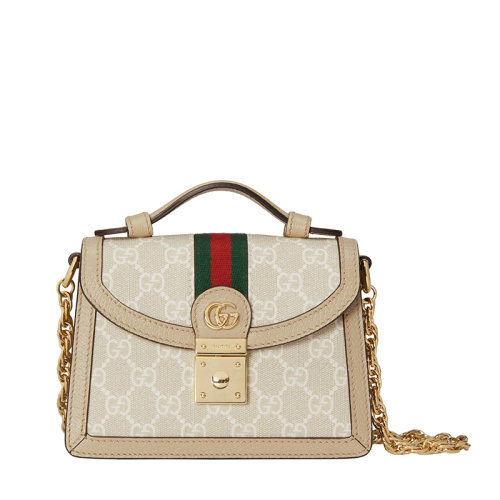 GUCCI/古馳 22春夏新款Ophidia系列 女士迷你米白色老花帆布皮革滾邊紅綠織帶金扣手提鏈式單肩包696180UULAG9682