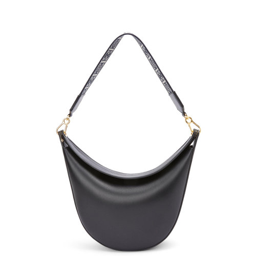 LOEWE/羅意威 22春夏新款LUNA系列 女士黑色牛皮革壓紋徽標金扣配可拆卸老花印花織物肩帶單肩手提腋下新月hobo流浪包A923PL9X07-1100