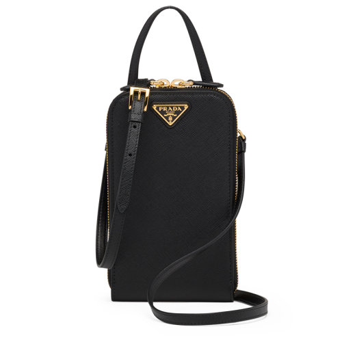 PRADA/普拉達(dá) 22新款 女士mini黑色saffiano皮革琺瑯徽標(biāo)配手柄拆卸調(diào)節(jié)肩帶拉鏈開(kāi)合單肩斜挎手提包1BP027_NZV_F0002_V_YM1