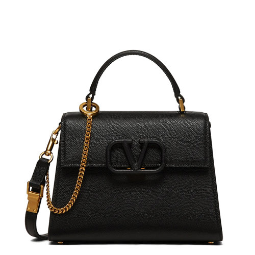 Valentino/華倫天奴 21新款 VSLING系列 女士小號(hào)黑色粒面小牛皮VLogo搭扣翻蓋單肩斜挎手提包ZW2B0F53KGWR82