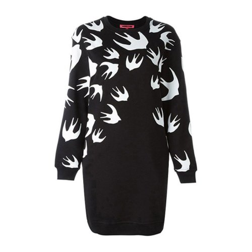 Alexander McQueen/亞歷山大麥昆  黑色棉質(zhì)燕子圖案印花長(zhǎng)袖女士連衣裙