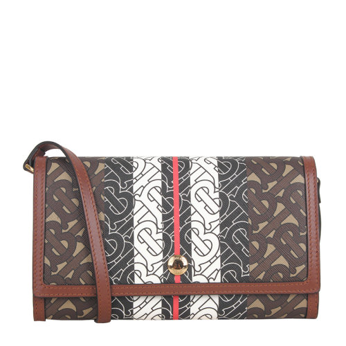 BURBERRY/博柏利 馬鞍棕專屬標識條紋環保帆布斜背包 80204041