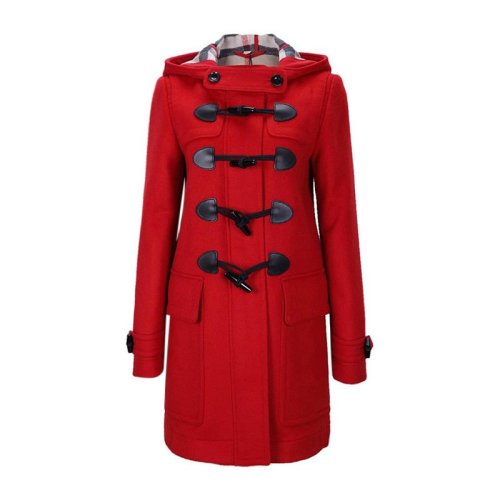 BURBERRY/博柏利 女士紅色羊毛連帽系扣中長款毛呢大衣